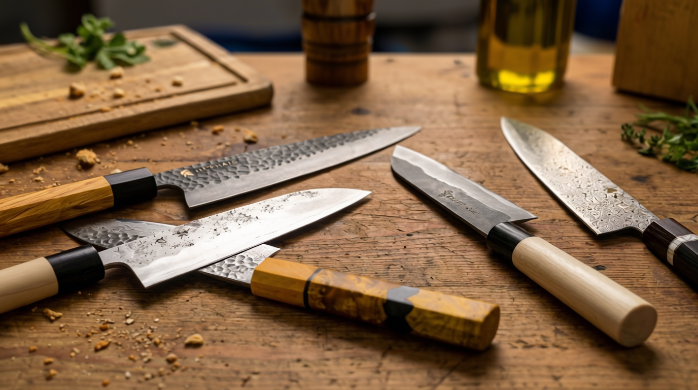 A professional Gyuto and Santoku knife side-by-side on a wooden cutting board, highlighting the Gyuto vs Santoku comparison