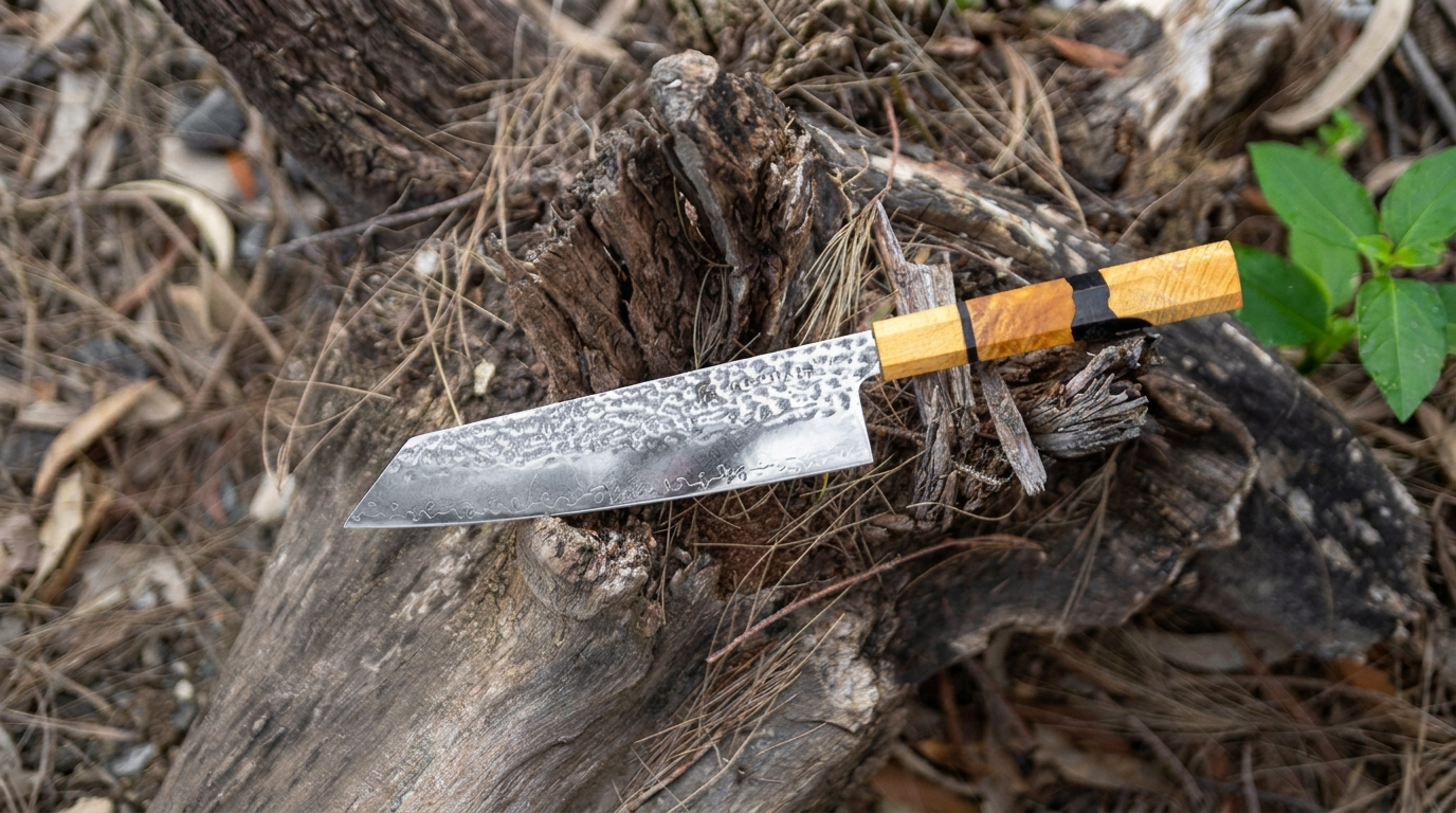 Close-up of a HEPHAIS Damascus Kiritsuke knife on a dark slate surface, highlighting the intricate blade pattern.