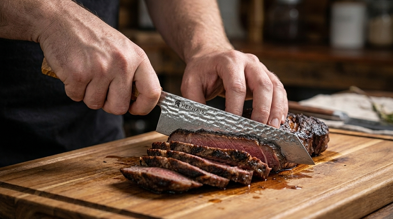 A chef with a focused expression using a Hephais Aurora Kiritsuke knife with a precise push-cut technique on a vegetable.