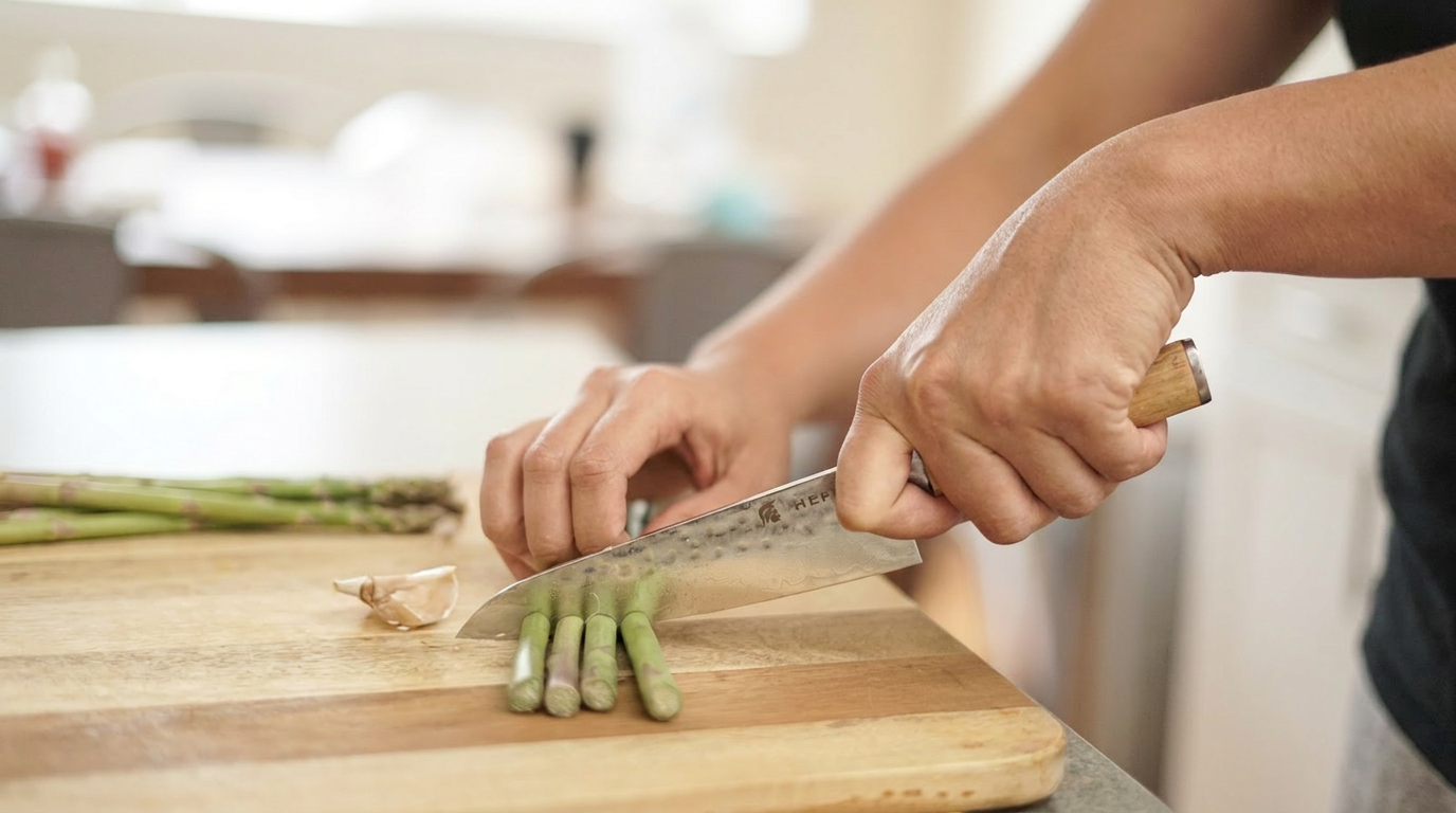 A chef with focused precision using a Hephais Aurora petty knife to trim asparagus on a cutting board.