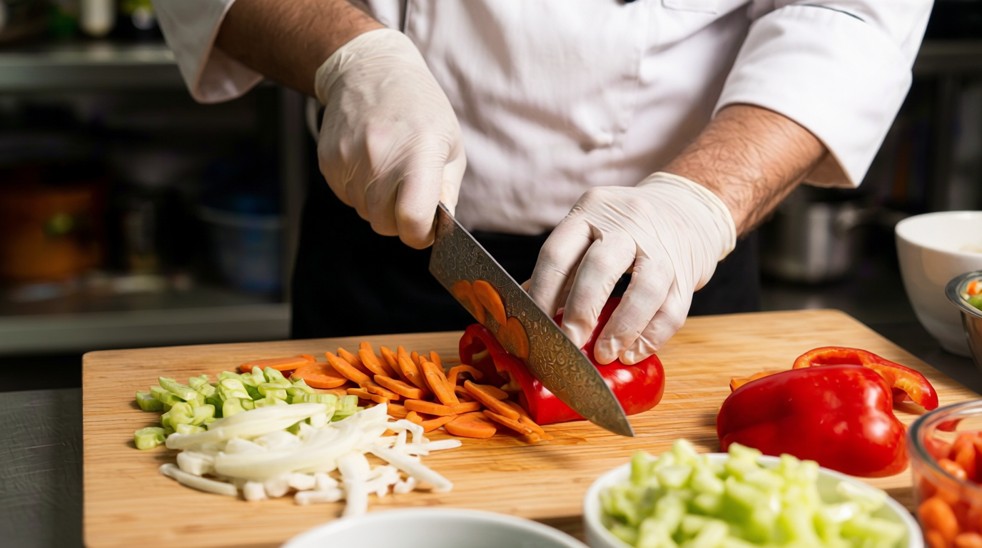 A culinary student in a chef's uniform practicing precise Hephais Knox Chef knife cuts on a chopping board, demonstrating a proper pinch grip for their culinary student knife kit