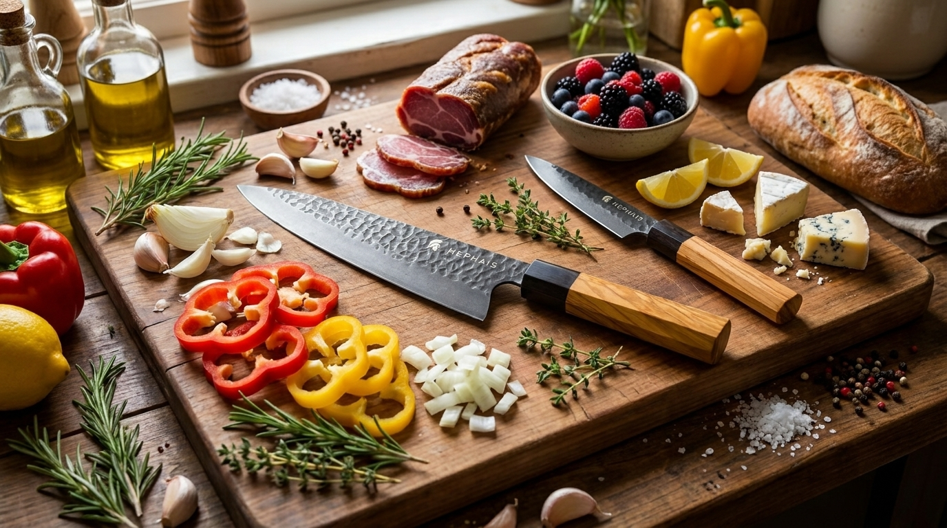 A professional HEPHAIS Perseus chef knife from a culinary student knife kit resting on a rustic wooden cutting board