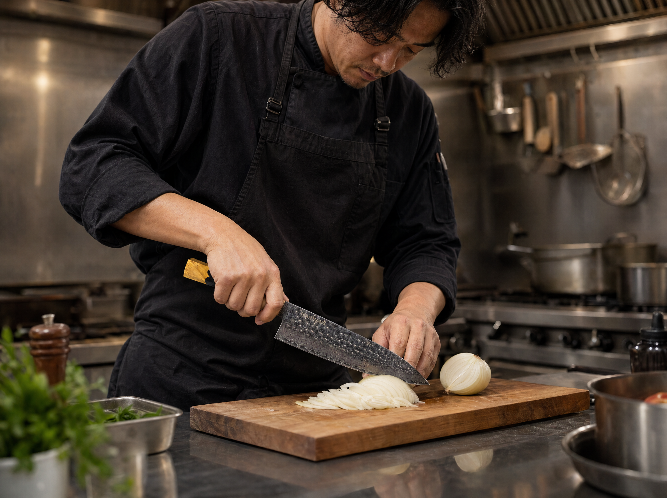 A professional chef using a Gyuto knife with perfect push-cutting technique on a chopping board full of vegetables.