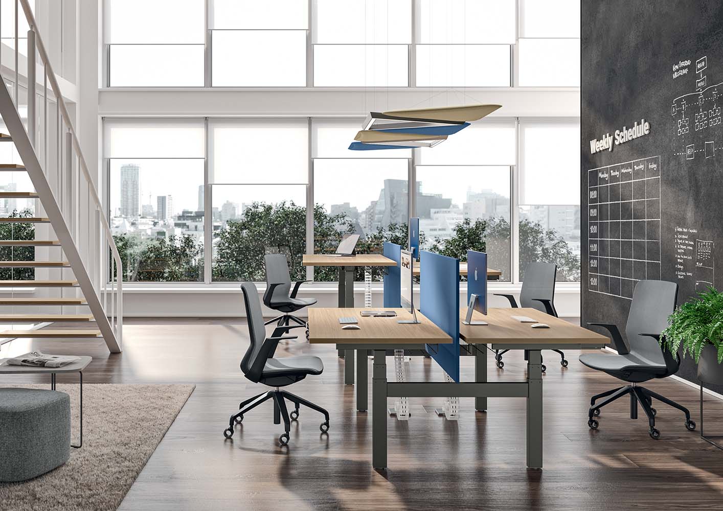 Moderner Co-Working Space mit Arbeitsplätzen und Gemeinschaftsbereichen.