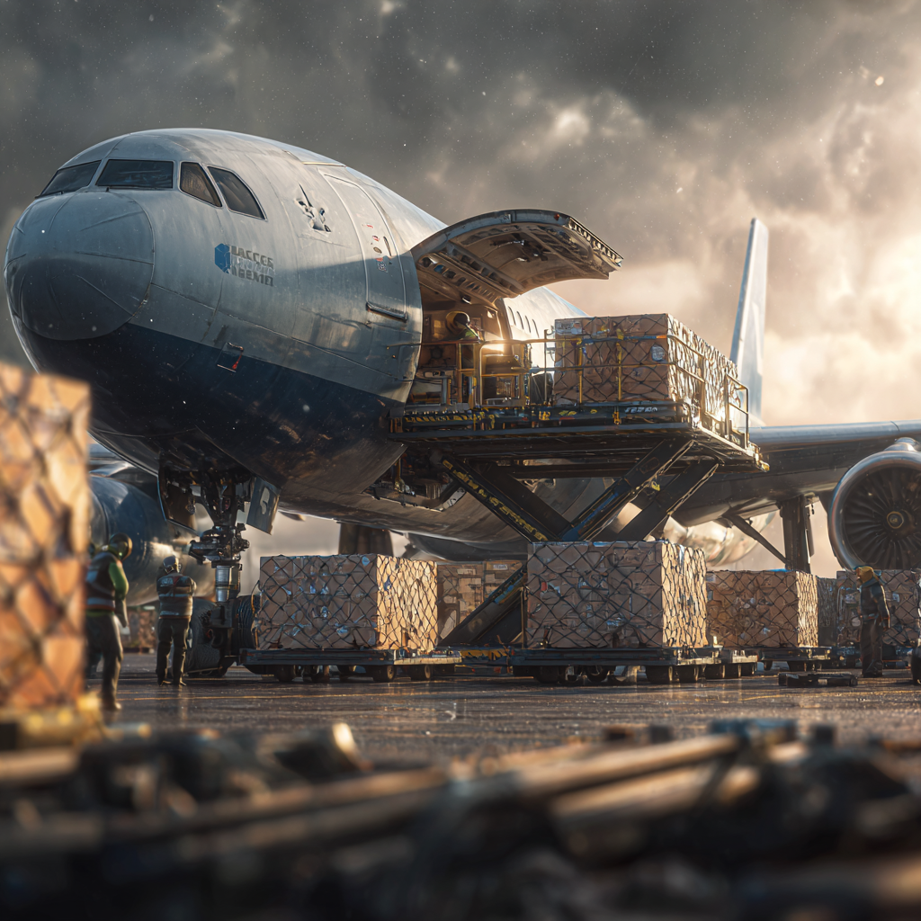 Cargo plane being loaded with containers at an airport tarmac