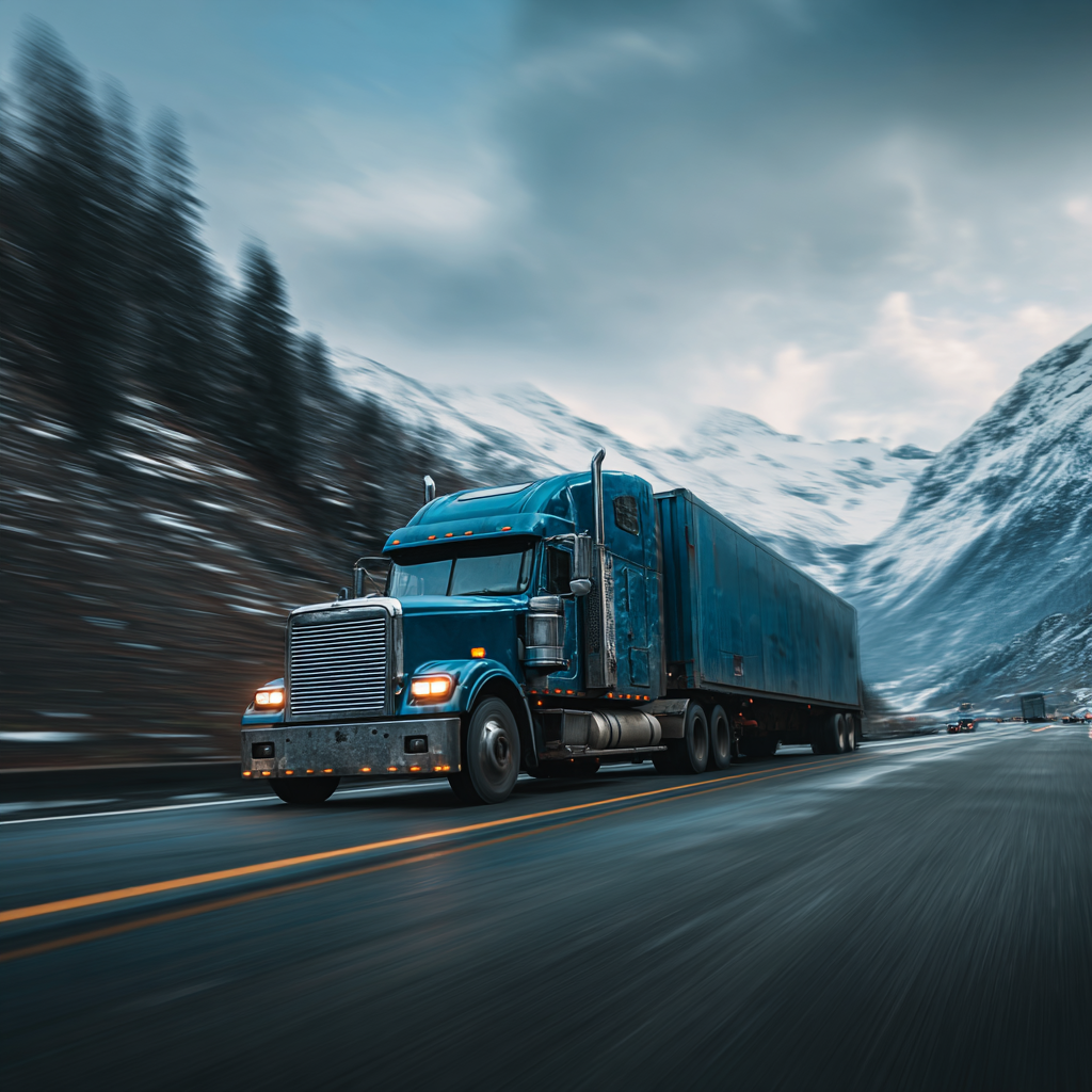 A blue semi-truck drives down a highway through snowy mountains.
