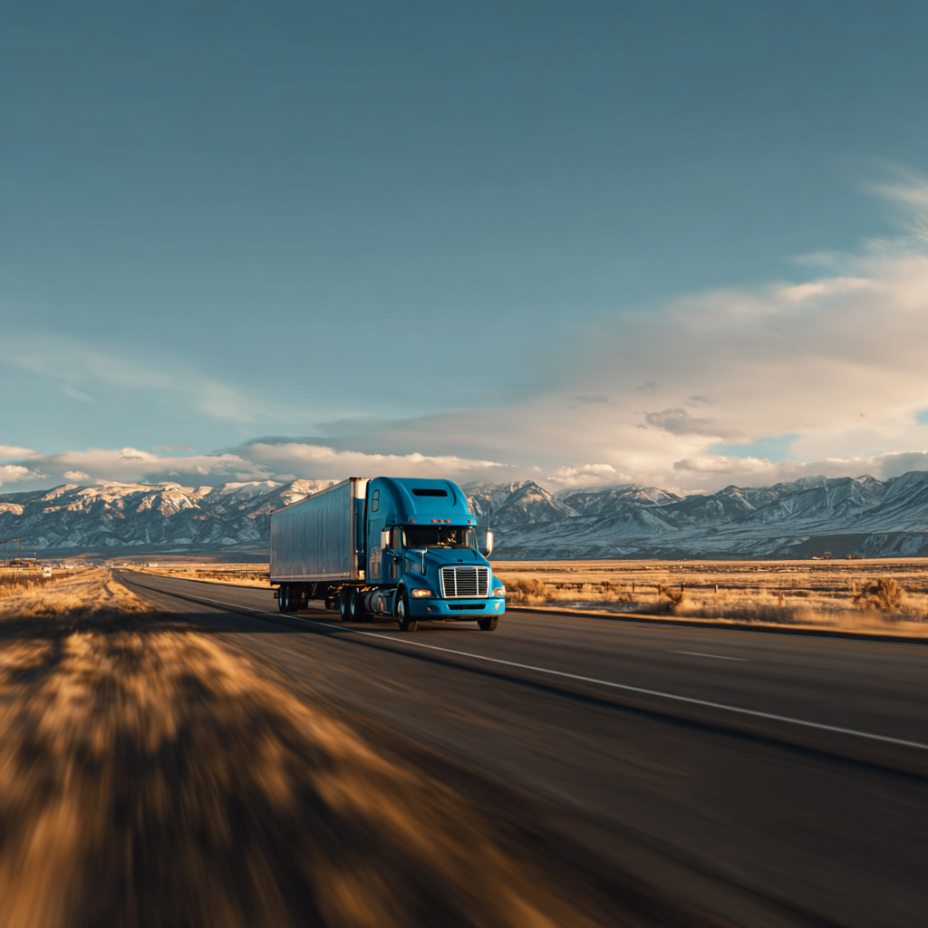 A blue semi-truck drives down a highway towards snow-capped mountains.