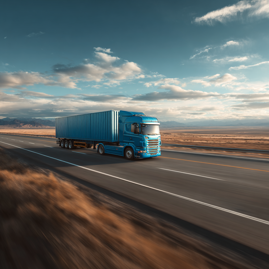A blue semi-truck drives down a highway in a desert landscape.