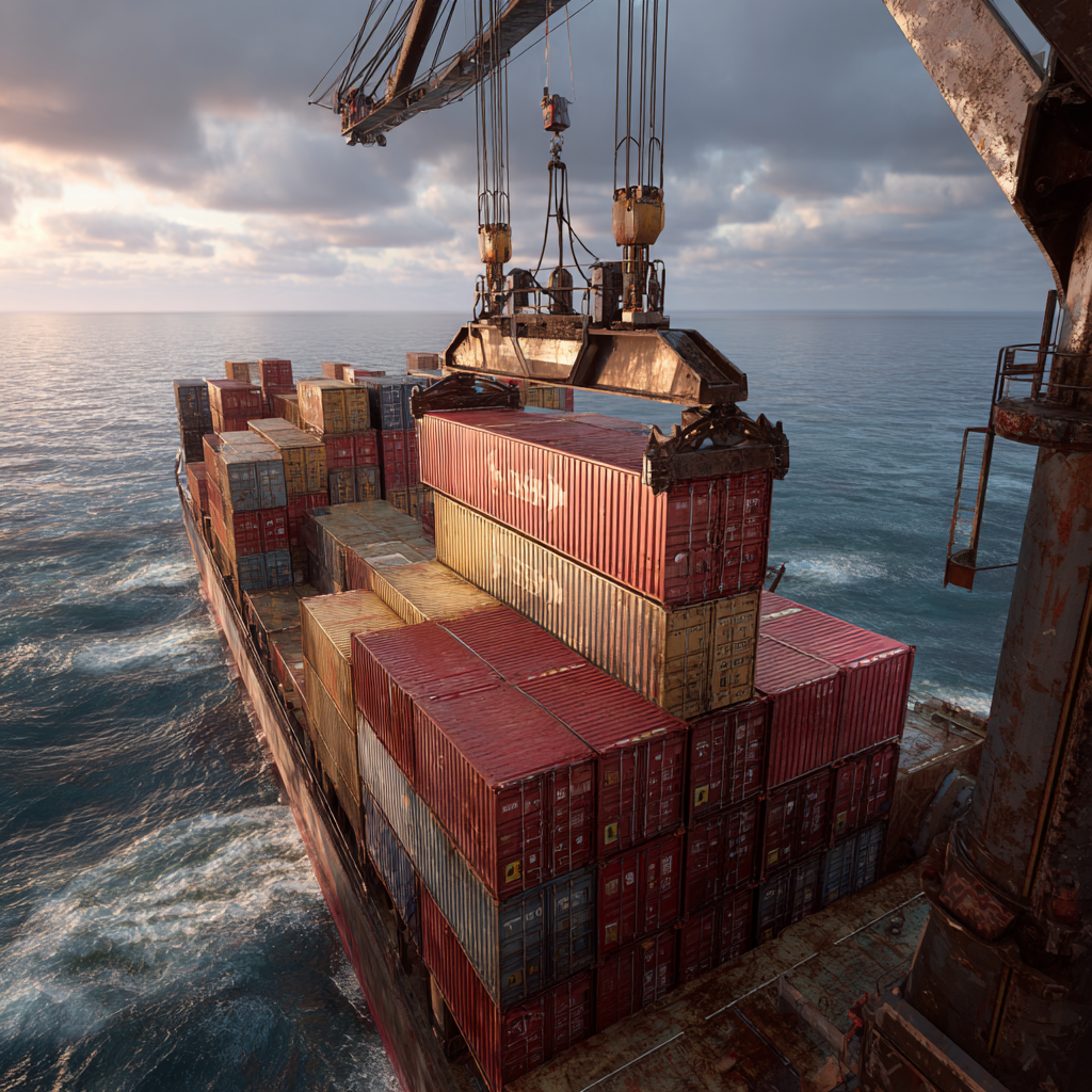 A large cargo ship sails across the blue ocean