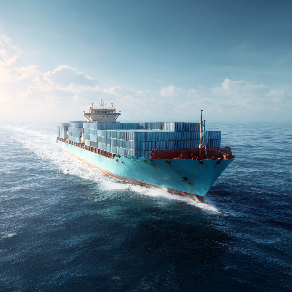 A large cargo ship sails across the blue ocean