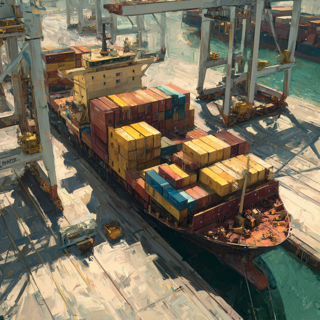 A shipping port with steel containers in the evening