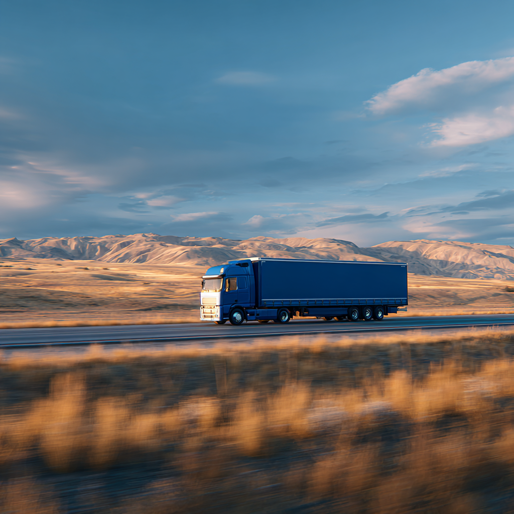 Blue semi-truck in dry landscape