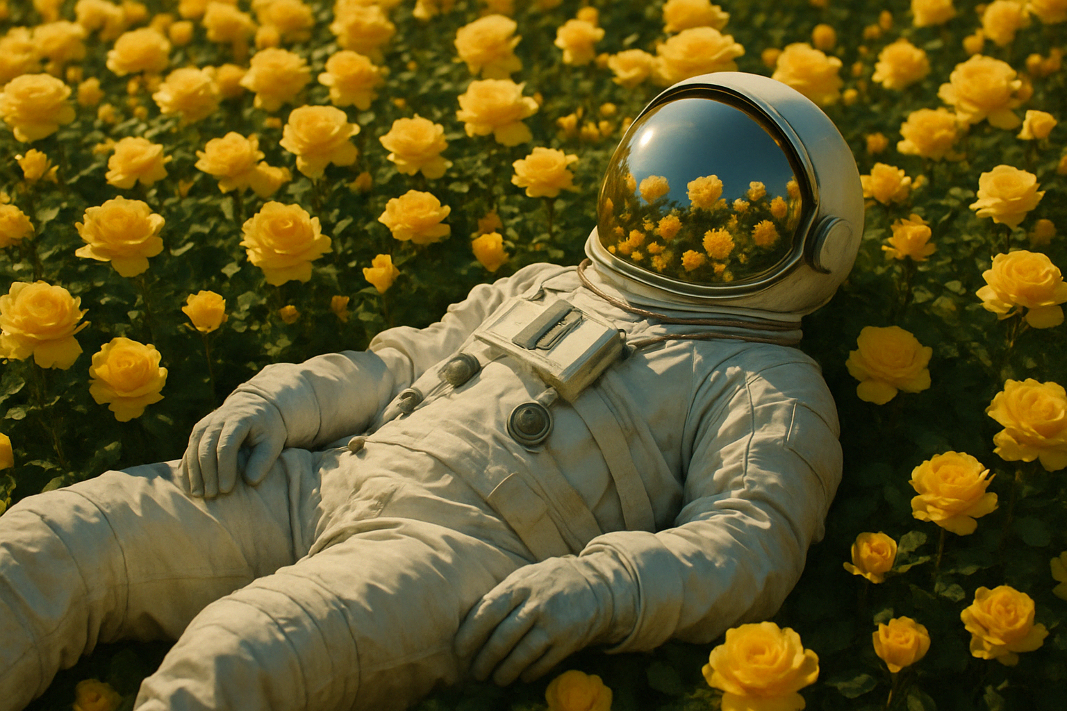 TechDogs-"Midjourney V7 Vs. Flux 1.1 Vs. ChatGPT 4o"-"Astronaut lying in a field of yellow roses." TechDogs-"Midjourney V7 Vs. Flux 1.1 Vs. ChatGPT 4o"-"Astronaut lying in a field of yellow roses."