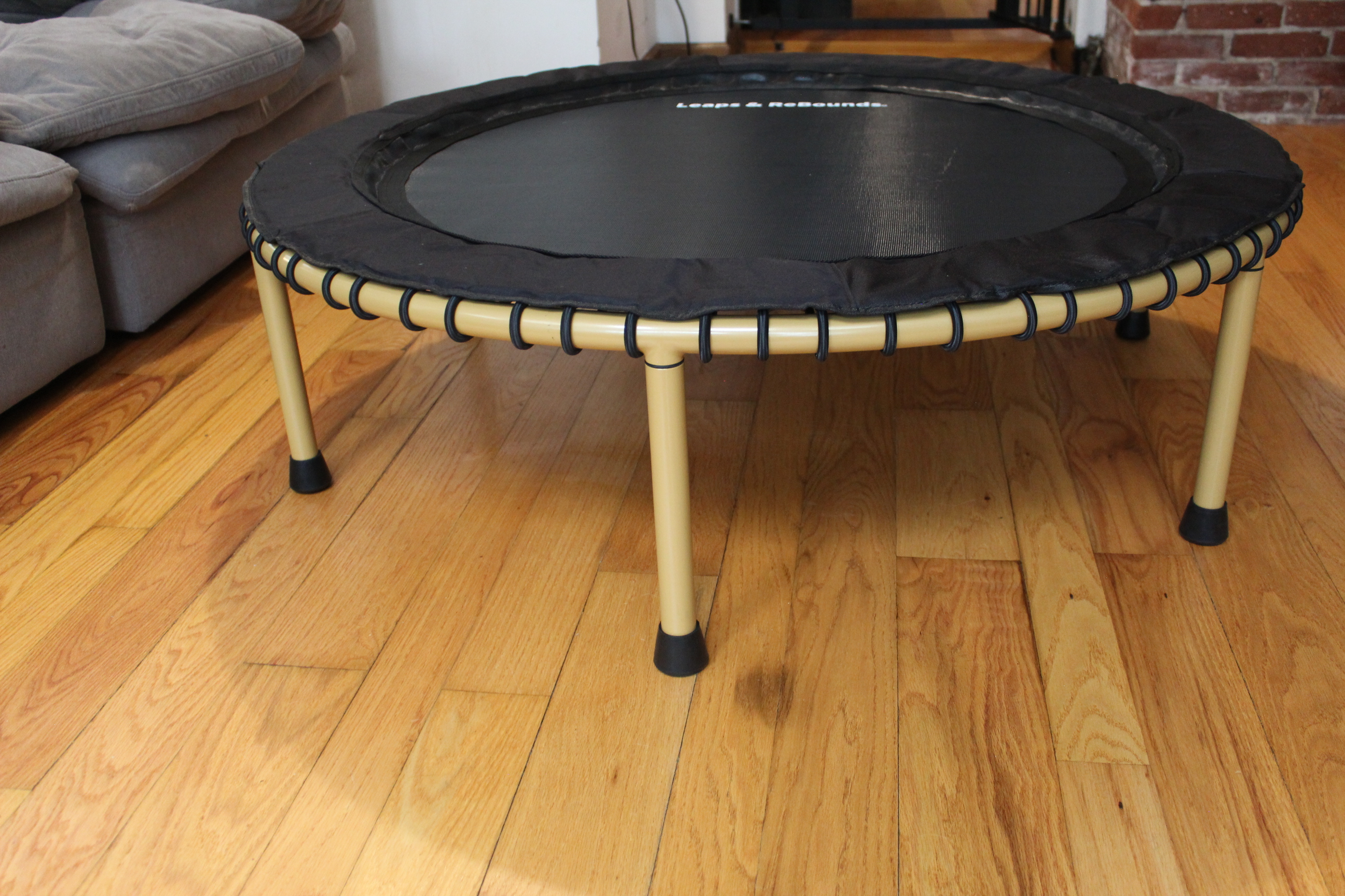 Small indoor trampoline on wooden floor near a couch