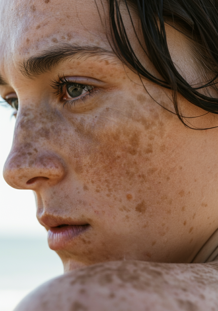 Close-up of a person's freckled face, looking thoughtful.