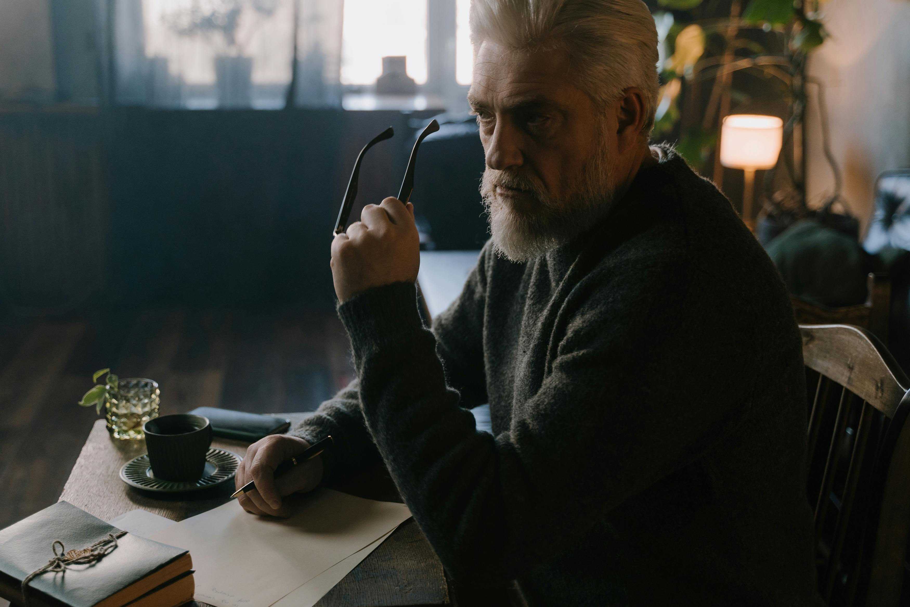 Person sitting at desk, holding glasses, thoughtful, cozy room.