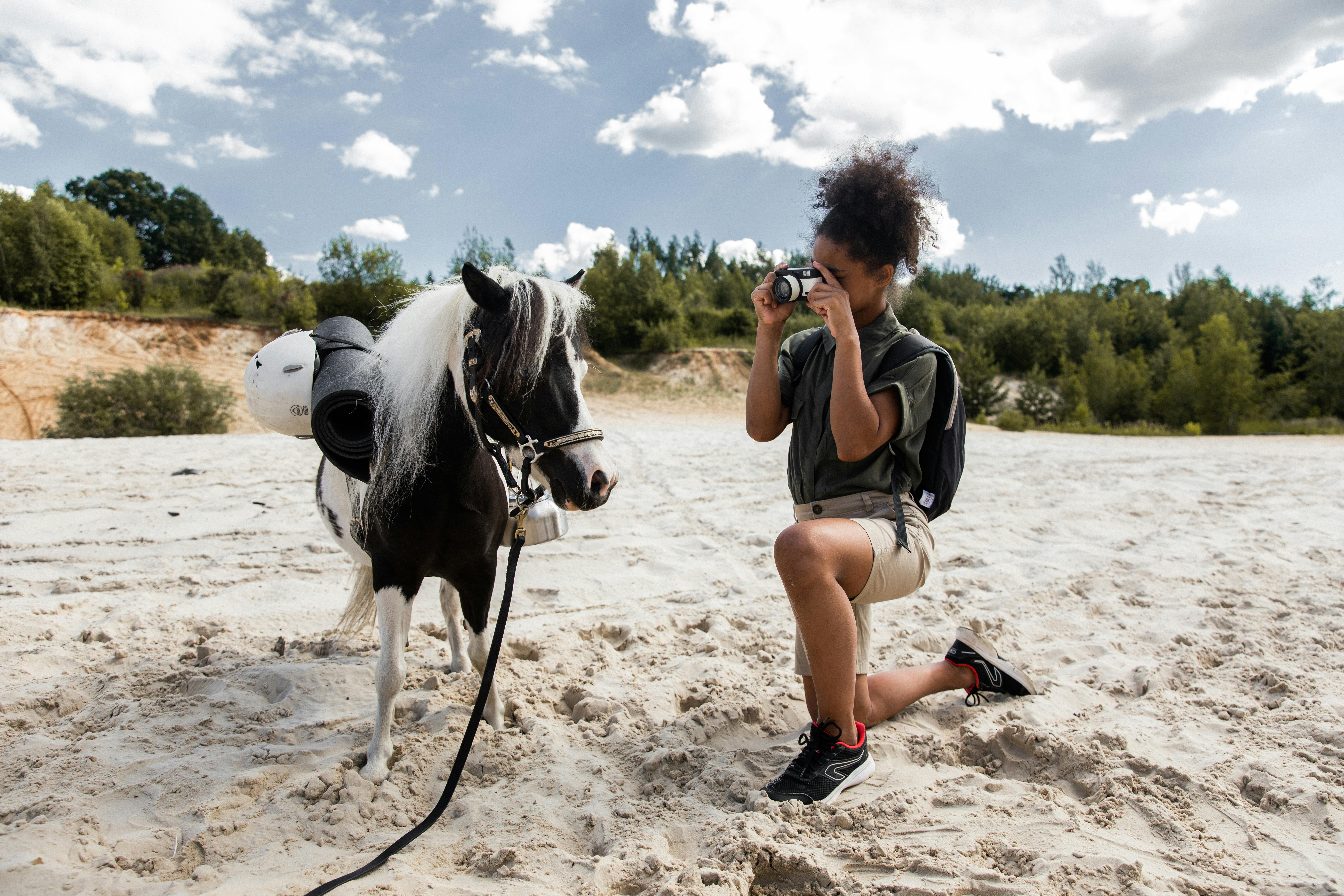 A person photographs a pony with gear on its back.