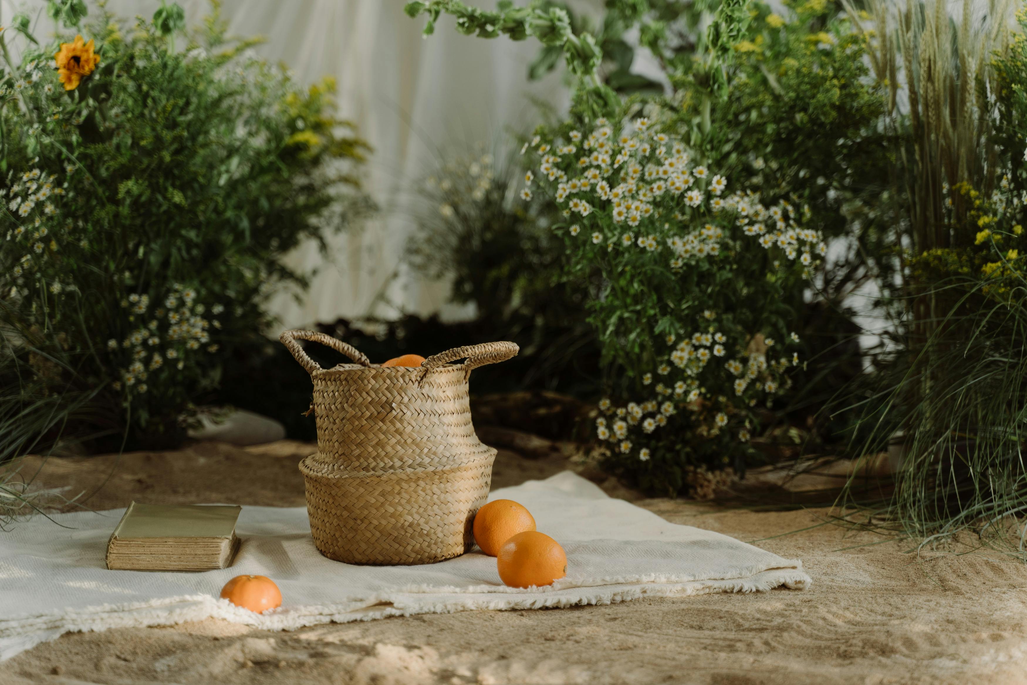 Wicker basket, oranges, book on blanket, surrounded by flowers.