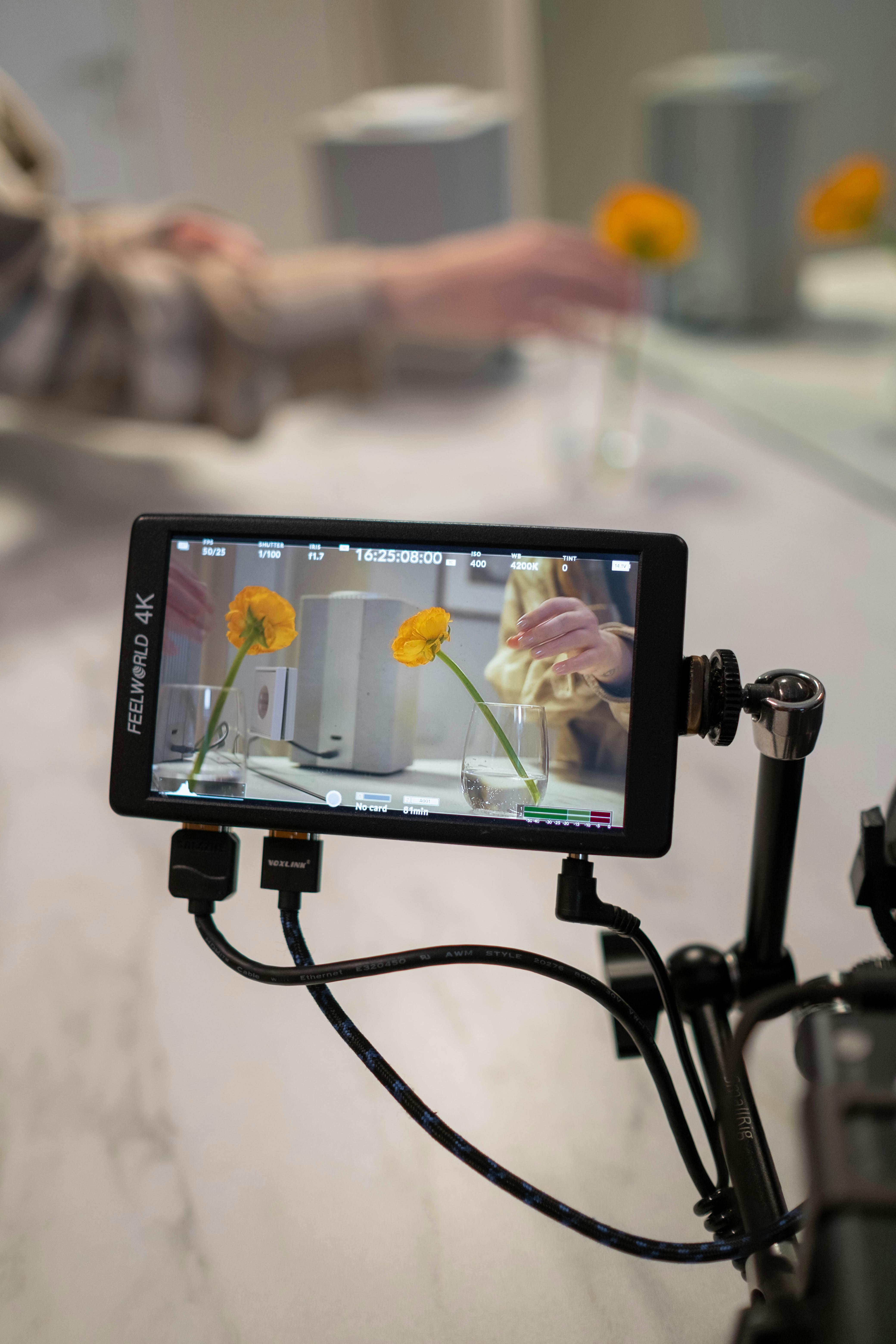 Camera monitor displays hand arranging yellow flower in glass vase.
