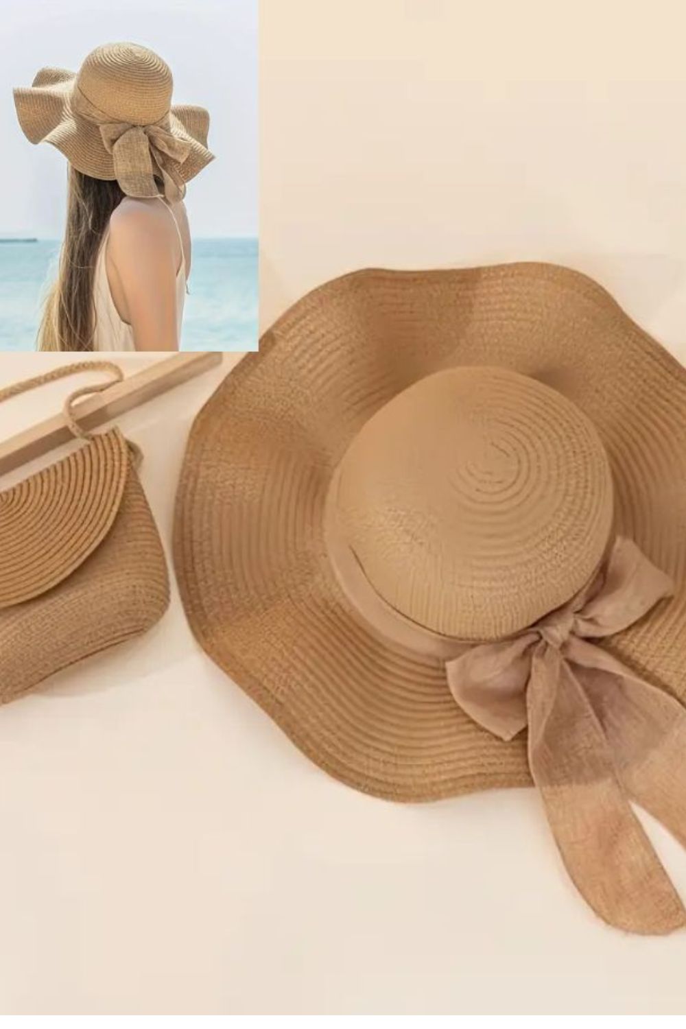 Straw sun hat with bow and matching bag. Straw sun hat with bow and matching bag.