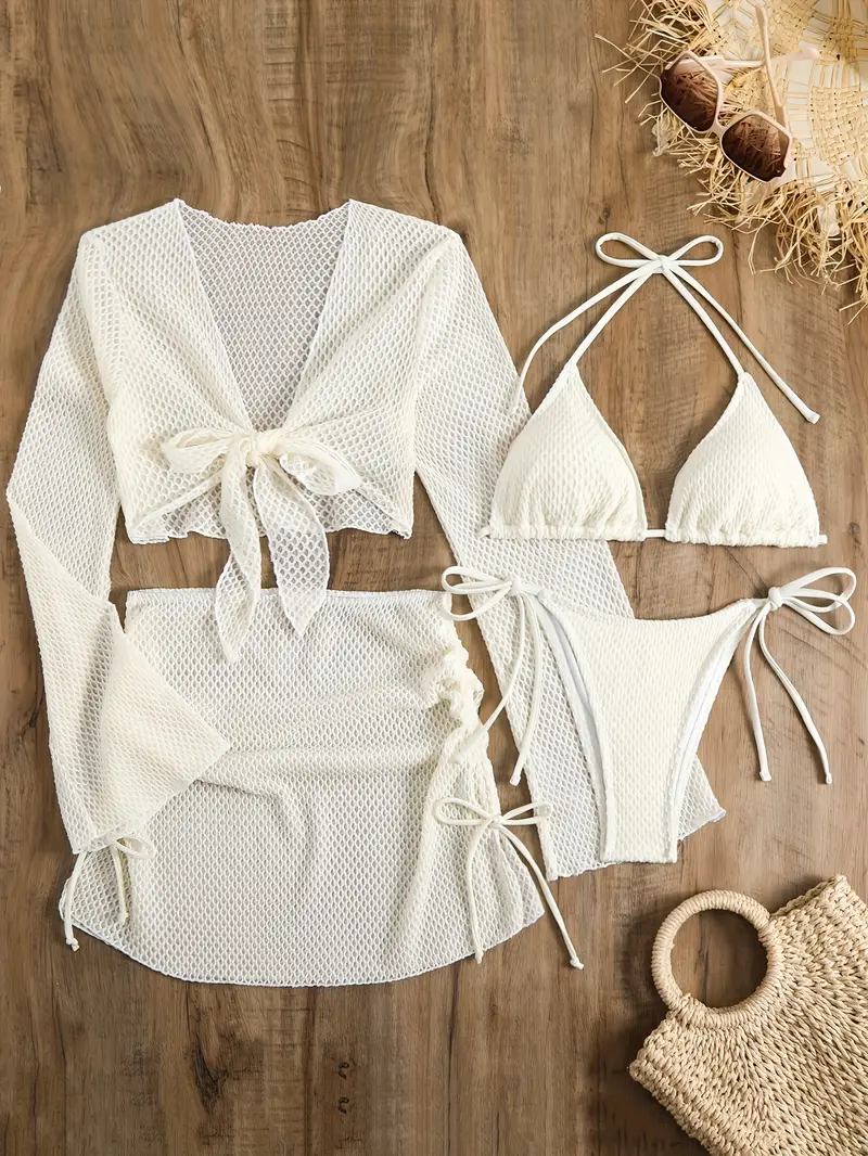 White mesh bikini set White mesh bikini set with matching cover-up and accessories.