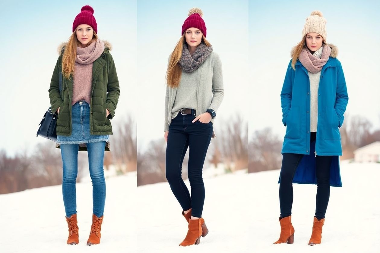Model in layered winter clothing in snowy setting.
