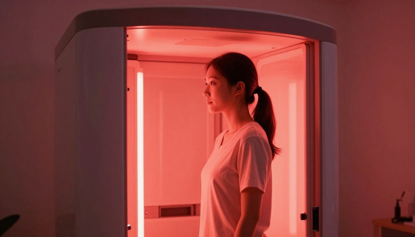 Woman in white t-shirt stands in a red light therapy booth.