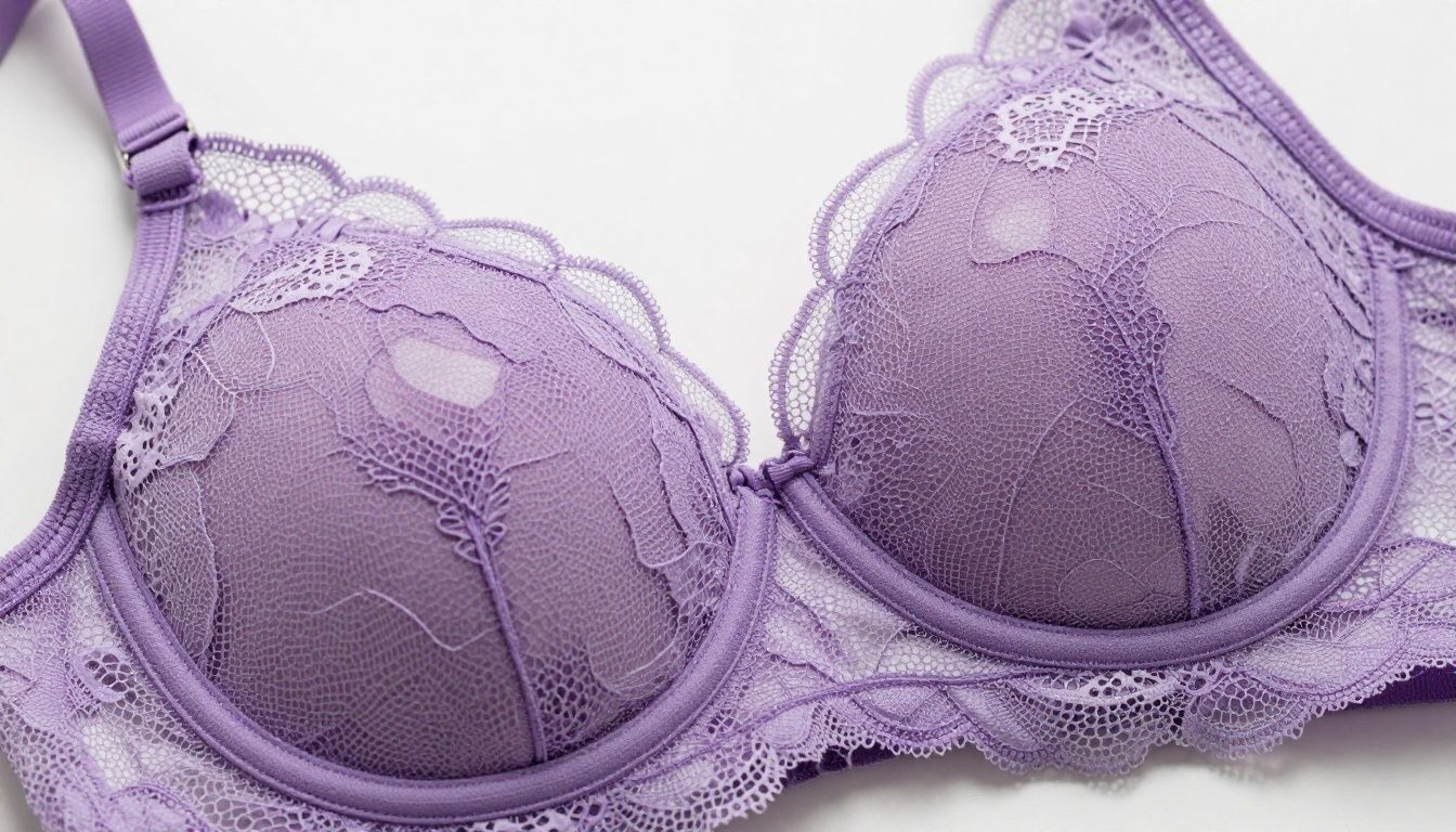 Close-up of a delicate lavender lace bra with intricate floral patterns.