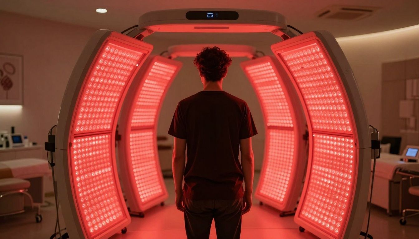 Man stands facing a large red light therapy bed in a spa.