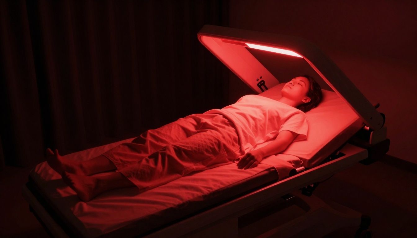 Person receiving red light therapy treatment.