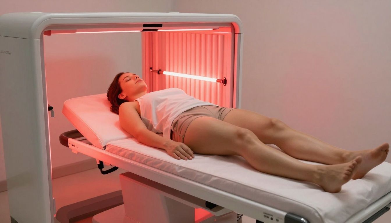 Person receiving red light therapy in a wellness center.