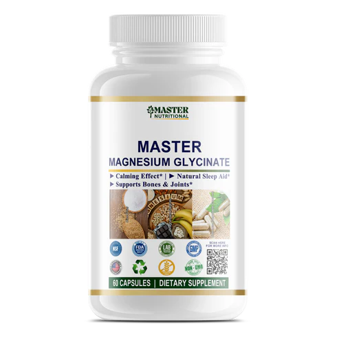 Bottle of magnesium glycinate capsules, dietary supplement for relaxation.