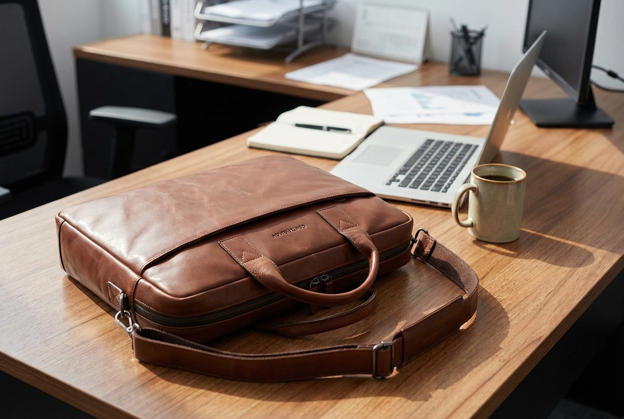 Hochwertige Laptoptasche für Herren auf einem Schreibtisch.
