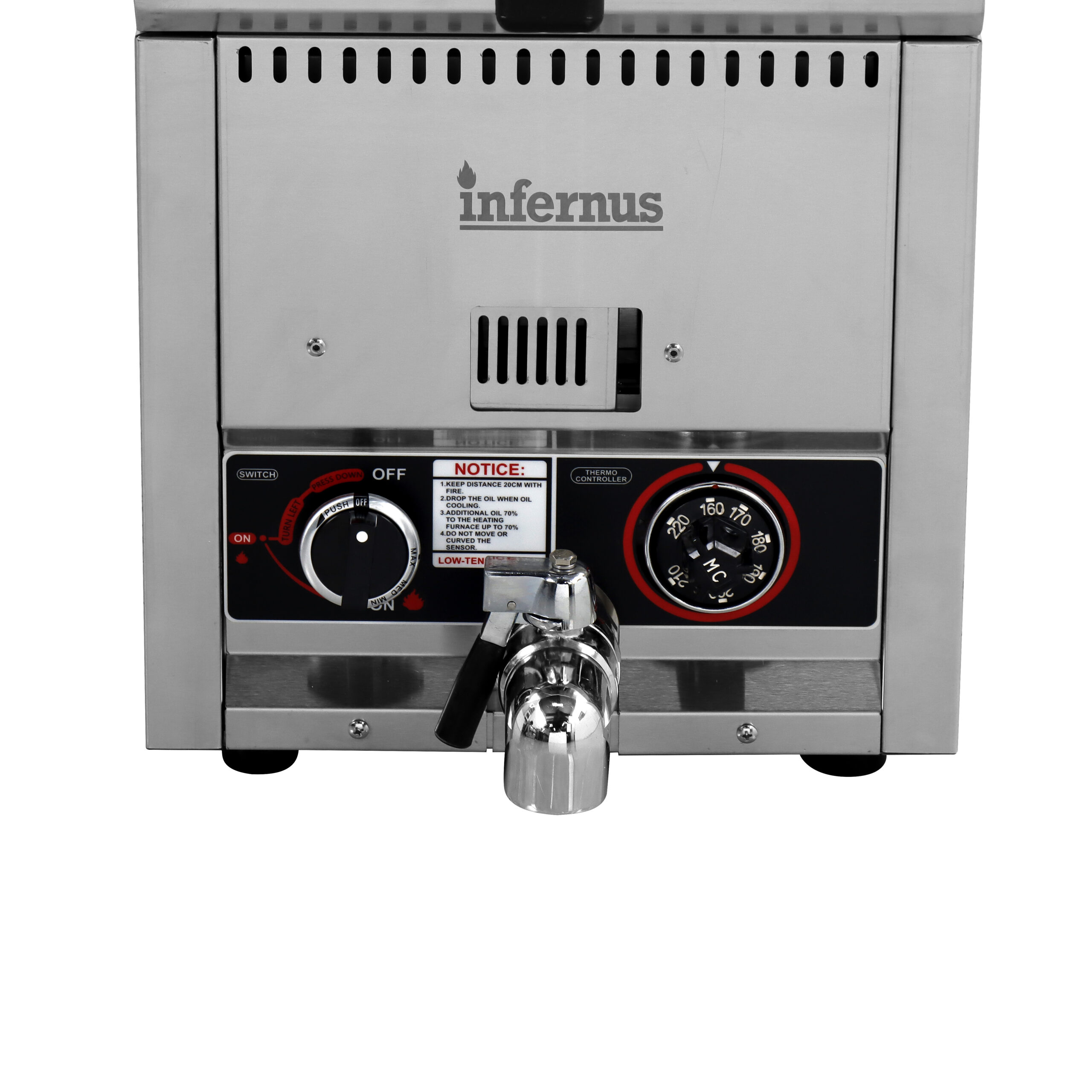 Infernus 12L LPG countertop gas fryer, stainless steel tank.