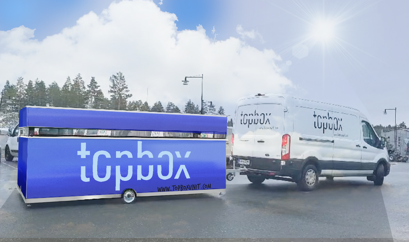 Mobile food bar with large wheels on a sunny day.
