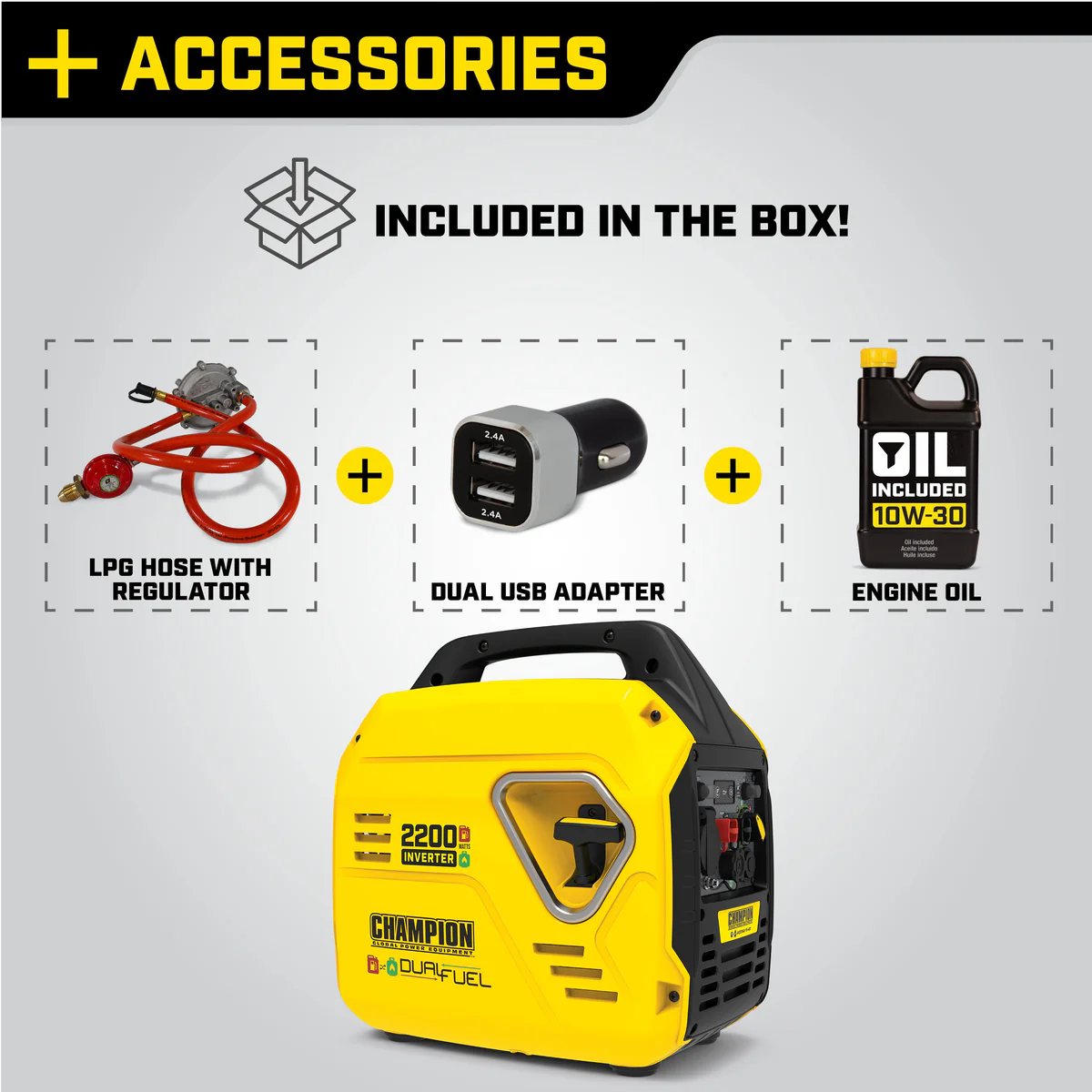 Compact dual fuel generator with robust metal casing.