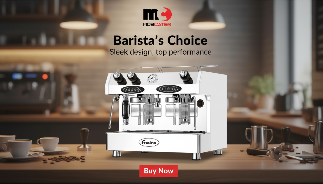 White Fracino espresso machine with two group heads on a wooden counter.