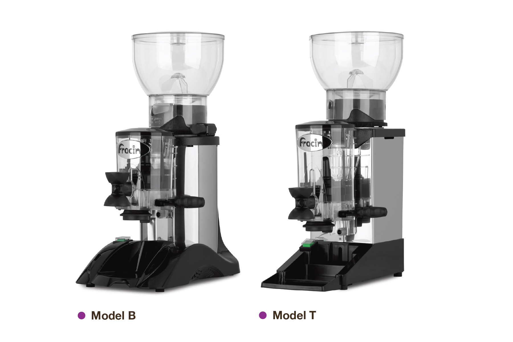 Two Fracino Model B and Model T coffee grinders.