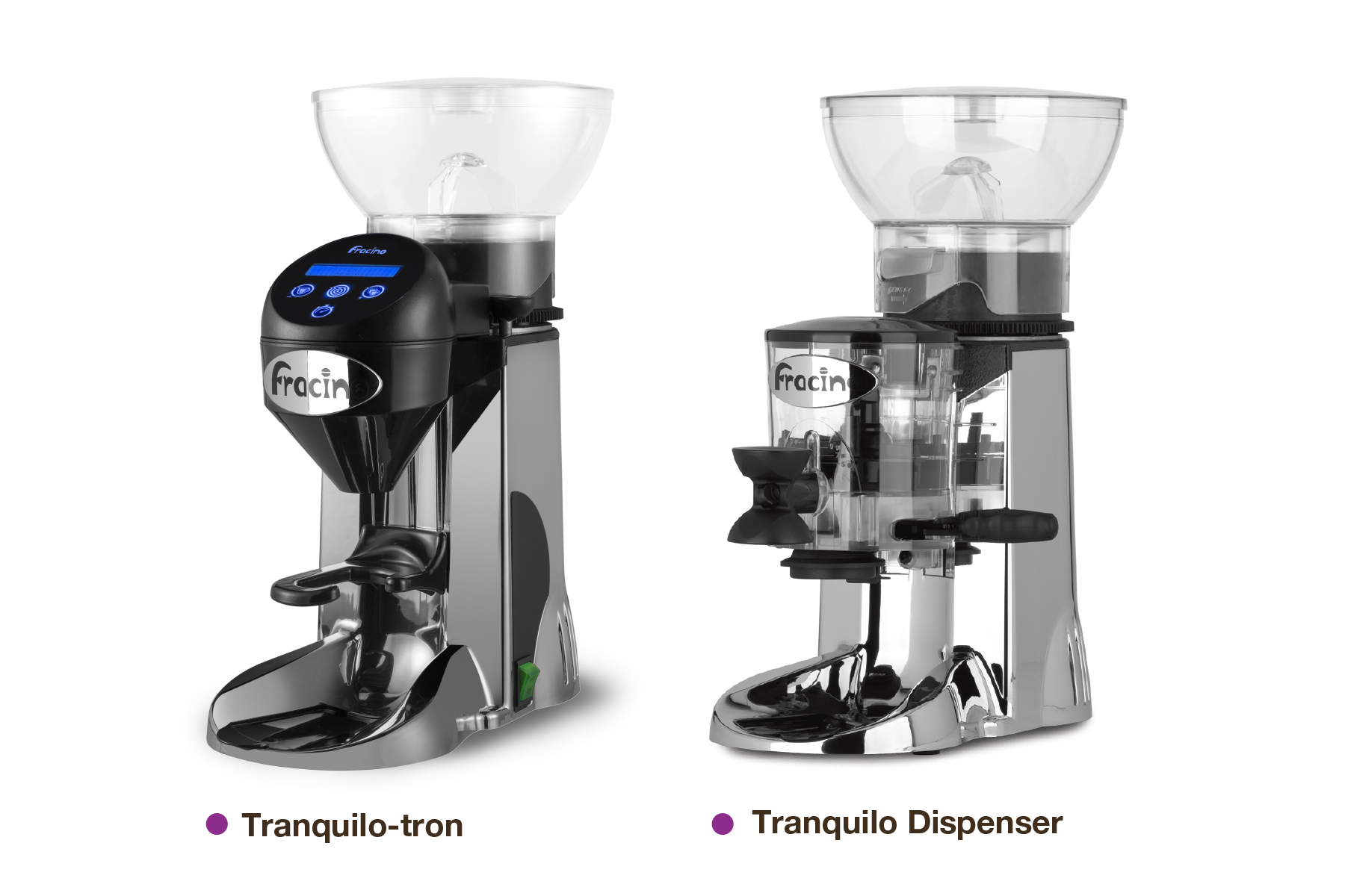 Fracino Tranquilo-tron coffee grinder, metallic finish.