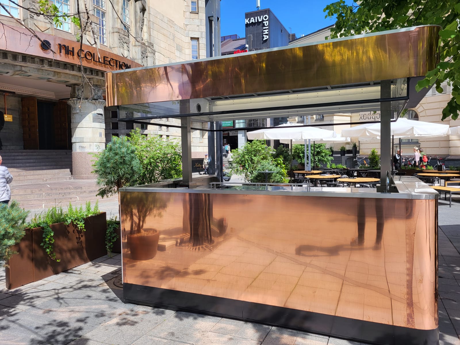 Modern mobile food bars outdoors in four seasons