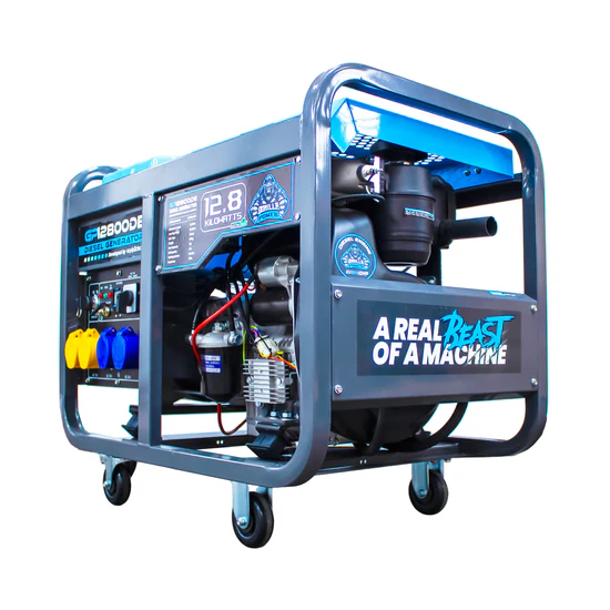 Household generator connected to a house during a power outage.