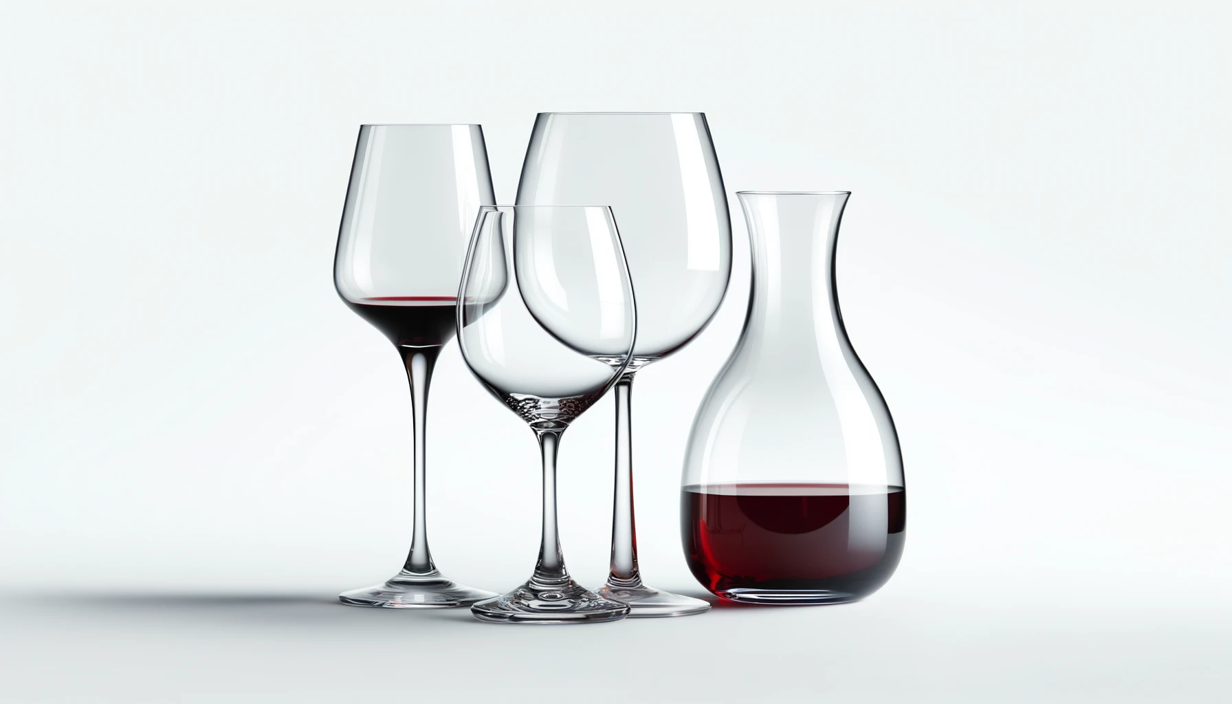 Four elegant glassware pieces with red wine.