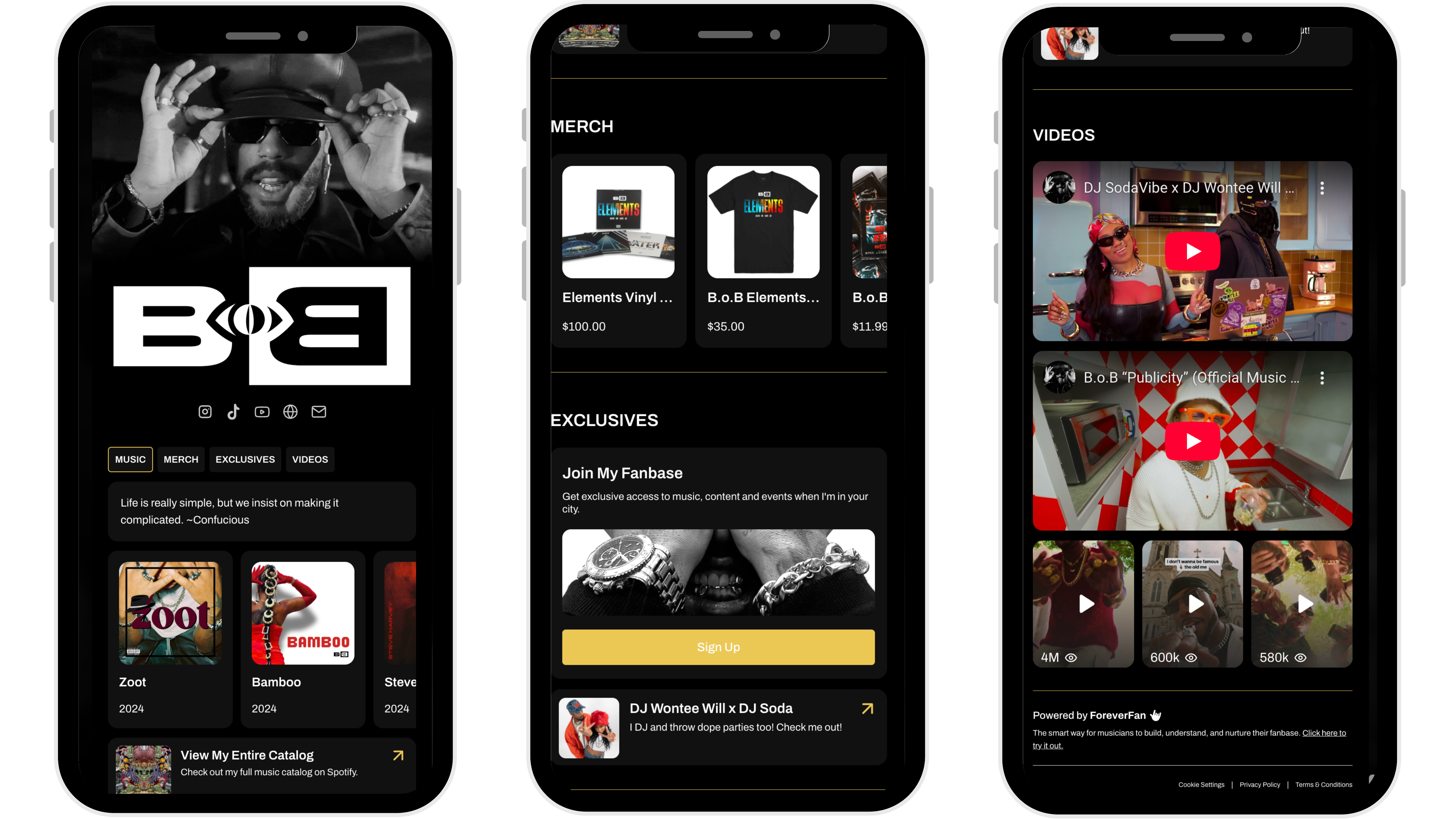 Mobile app screens showcasing merchandise and videos for B.o.B.