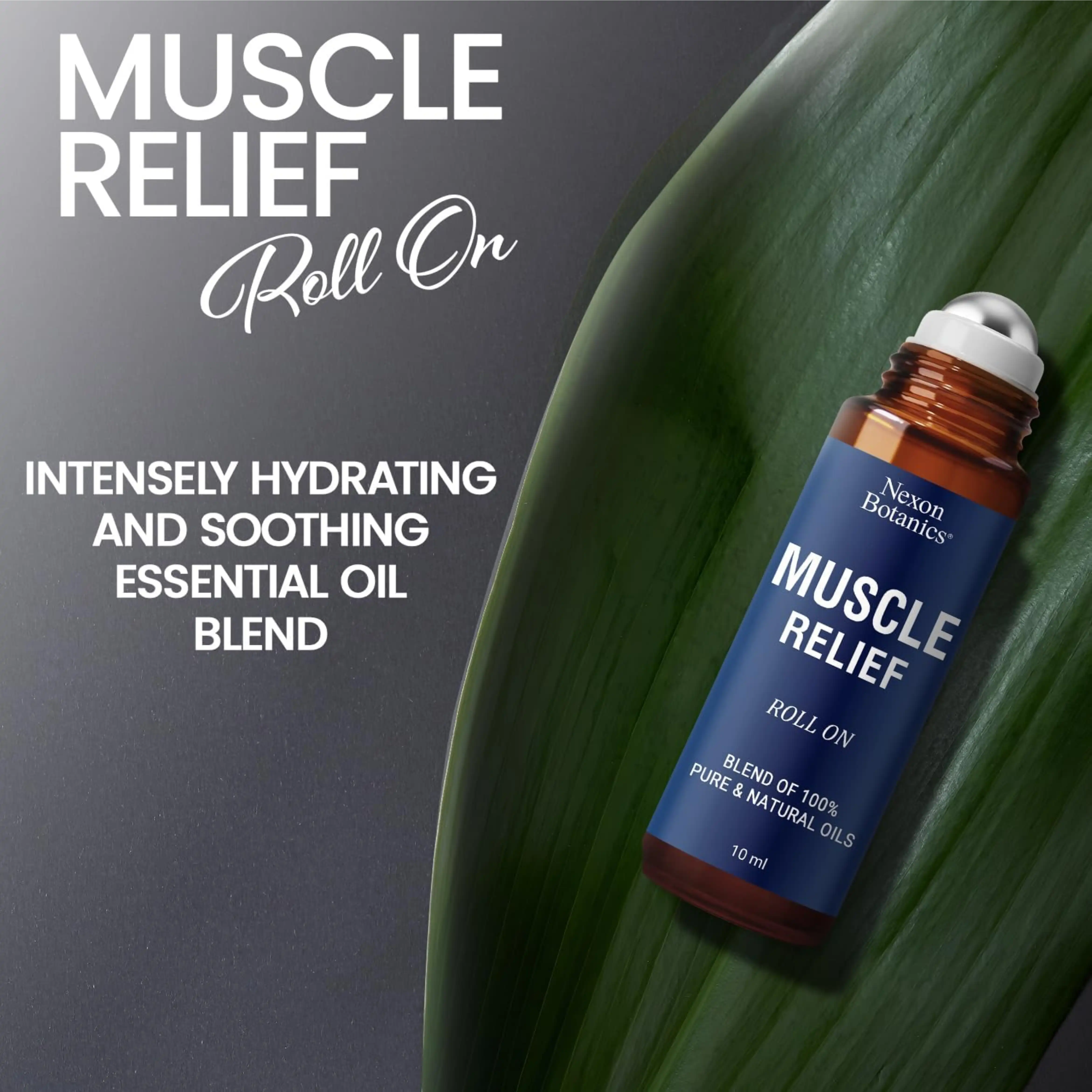 Bottle of muscle relief roll-on with essential oils.