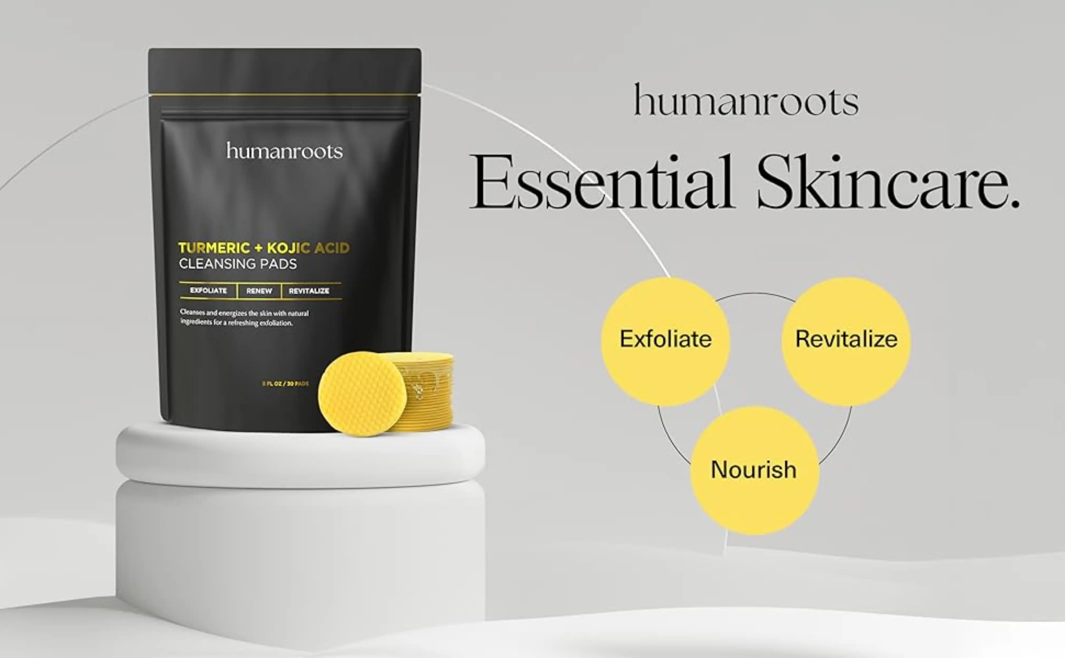 Humanroots skincare product featuring turmeric and kojic acid cleansing pads.