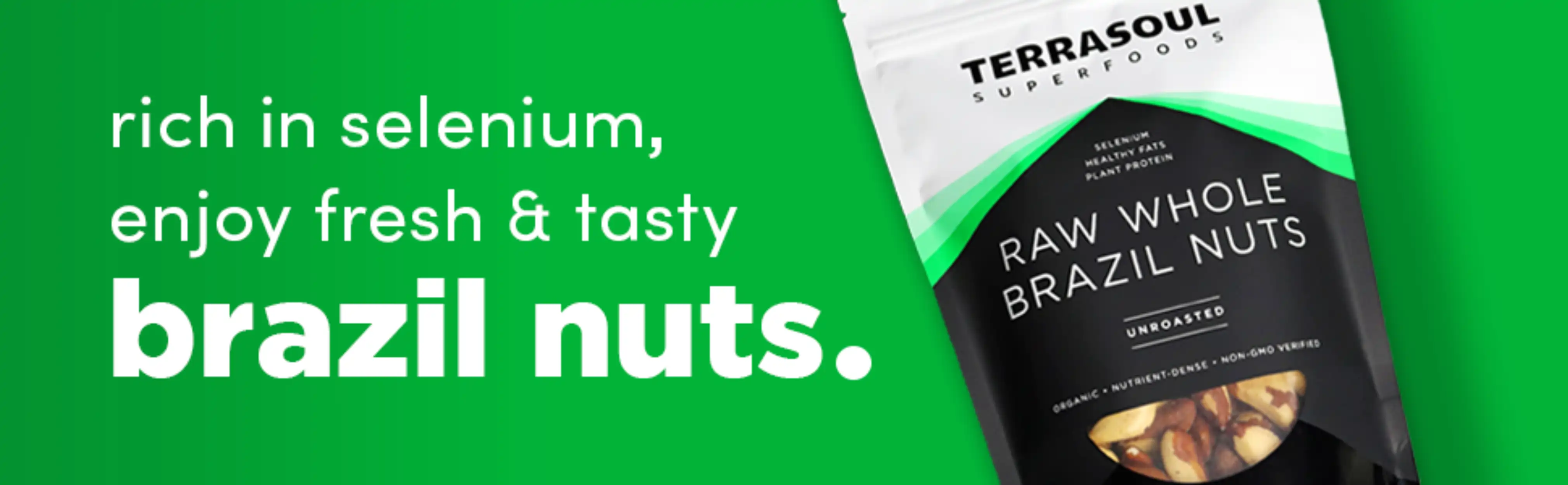 Packaging of Terrasoul's raw whole Brazil nuts on green background.