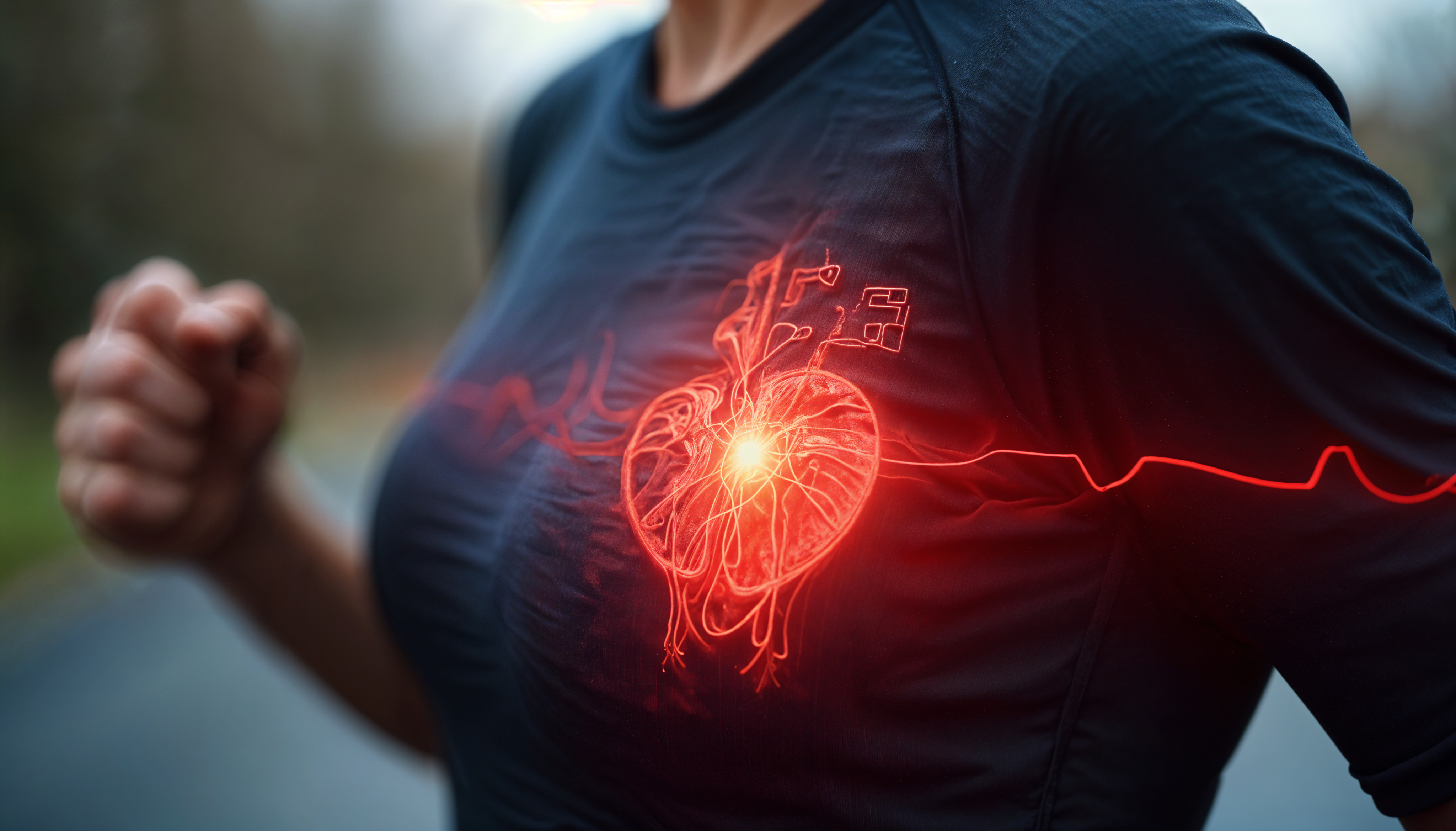 Corredora con un corazón rojo brillante y una línea de electrocardiograma en el pecho.