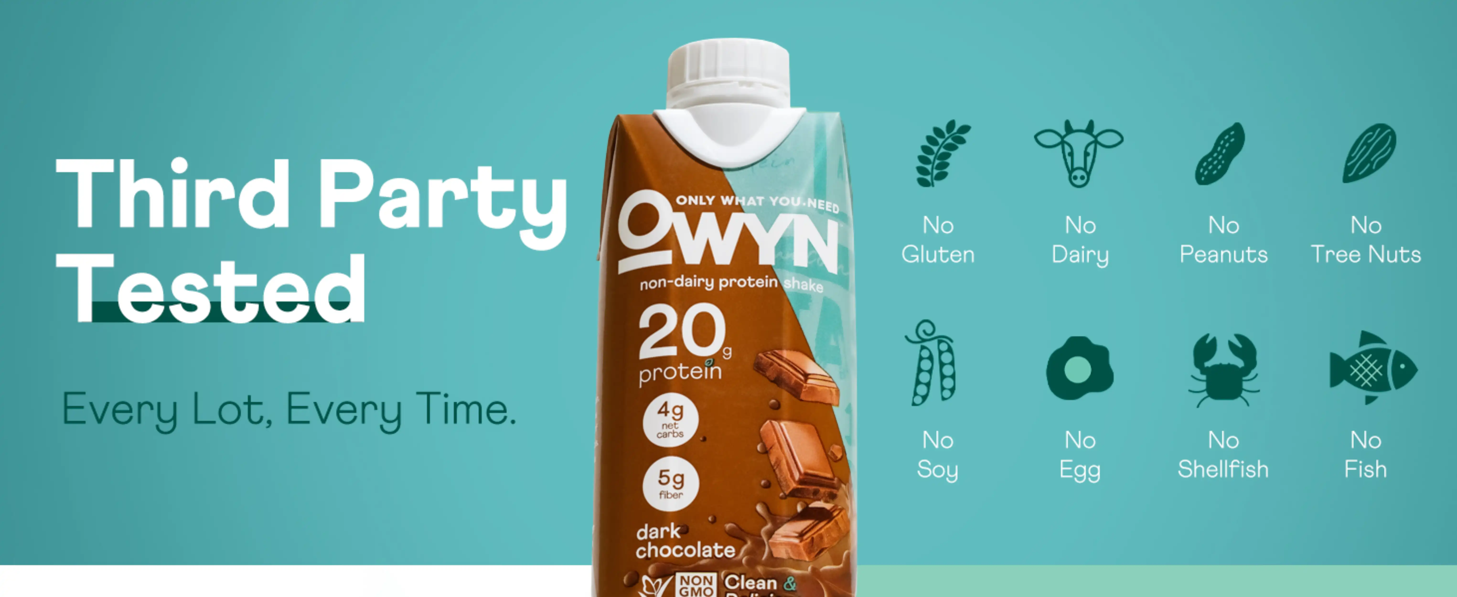 Owyn protein drink packaging highlighting allergen-free ingredients.
