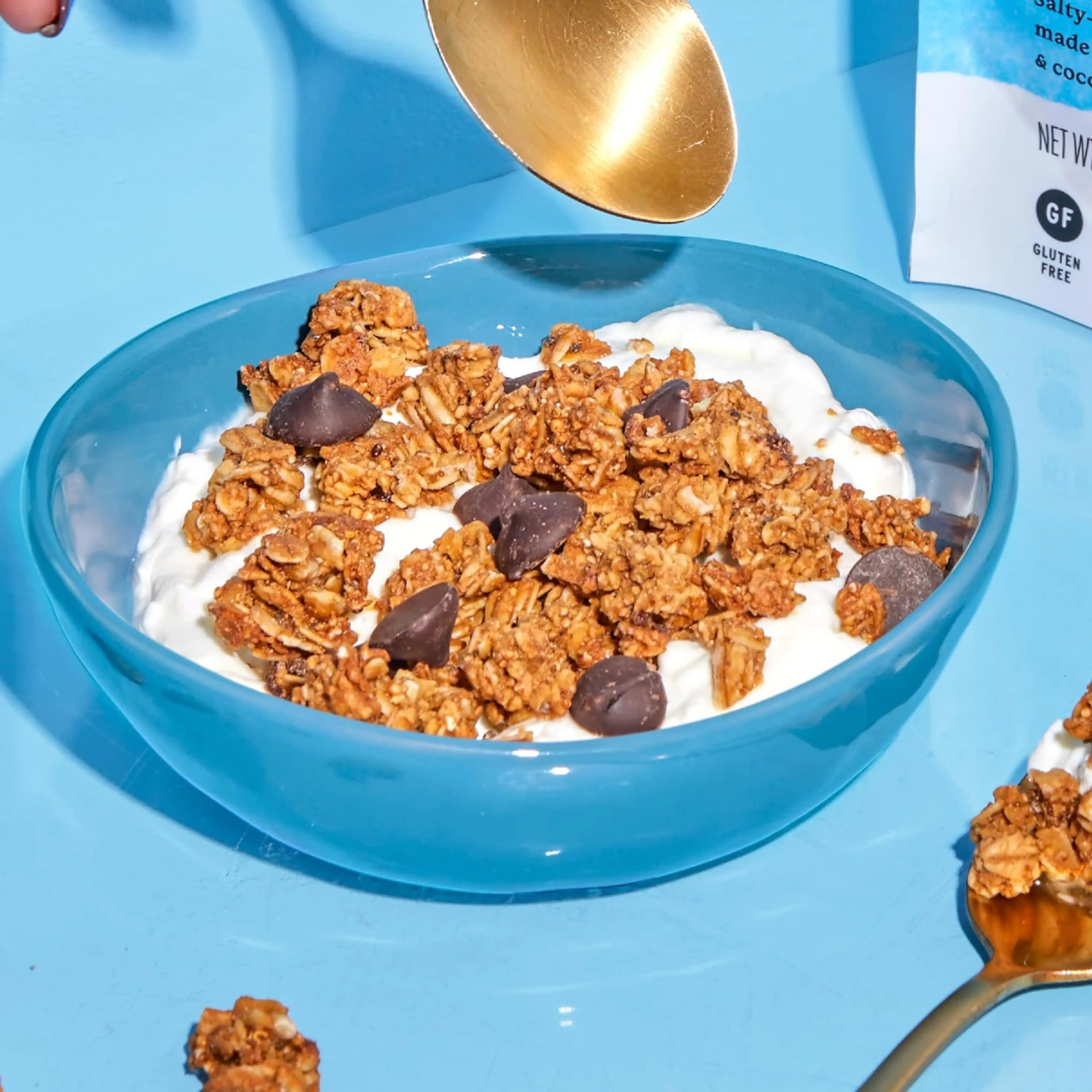 Bowl of yogurt topped with granola and chocolate chips.