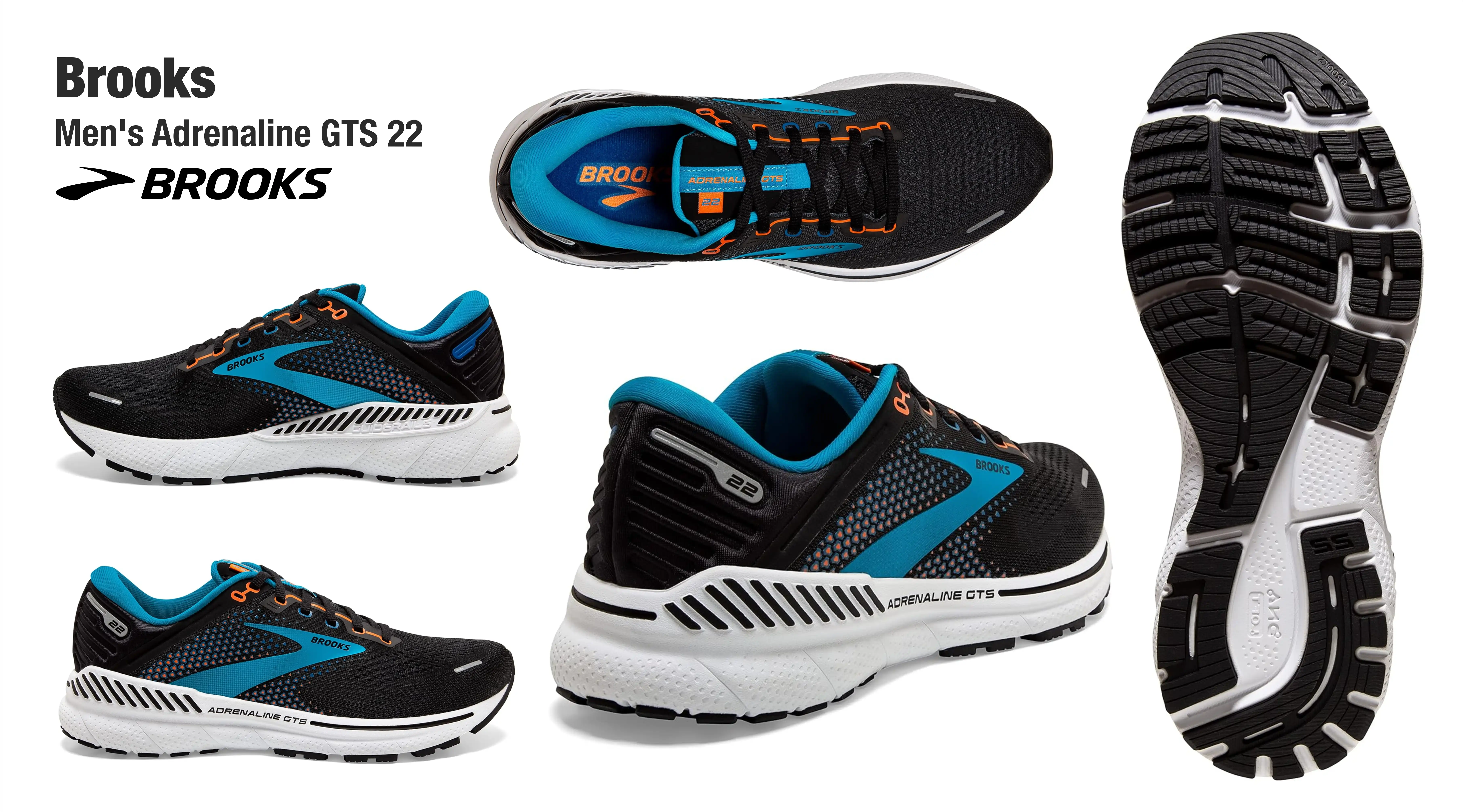 Men's Brooks Adrenaline GTS 22 running shoes in black and blue.